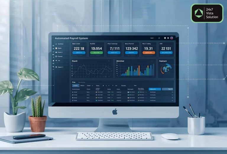 A desk setup featuring an Apple computer displaying an "Automated Payroll System" dashboard, with office plants and supplies.