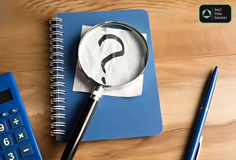 Magnifying glass over a question mark on a blue notebook, with a calculator and pen on a wooden desk.