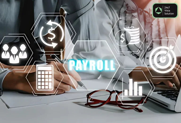 Digital overlay on a business setting showing icons for people, money, calculator, charts, target, and the word "PAYROLL".