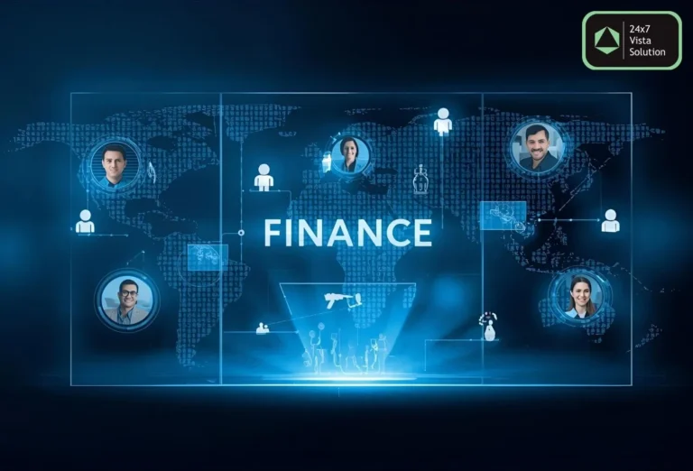 Global network with interconnected profiles and the word "FINANCE" at its center, representing 24x7 Vista Solution.