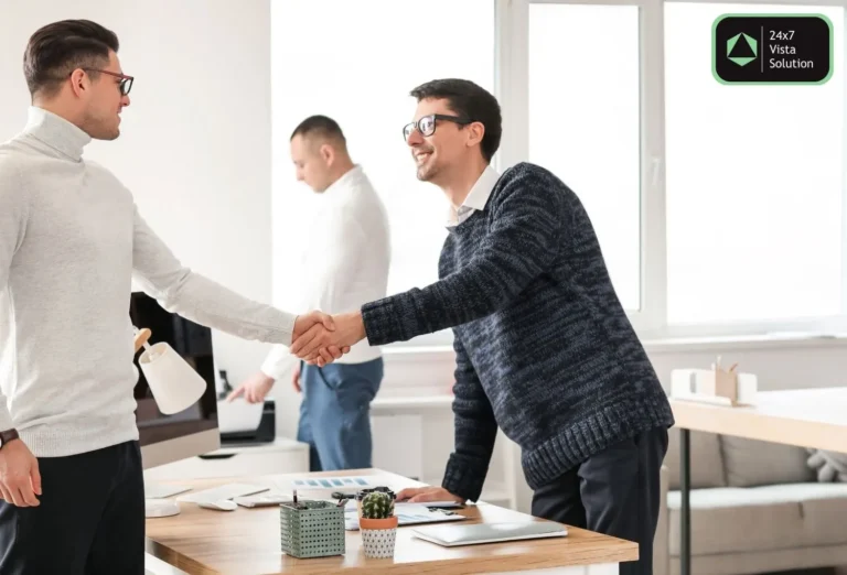Two businessmen in an office shaking hands, symbolizing a deal or partnership, with a third person and office items in the background.
