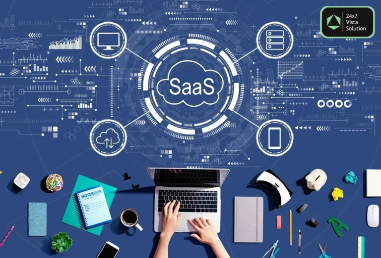 Hands typing on a laptop, surrounded by office supplies, with a central "SaaS" diagram connected to various tech icons like cloud, monitor, and gears.