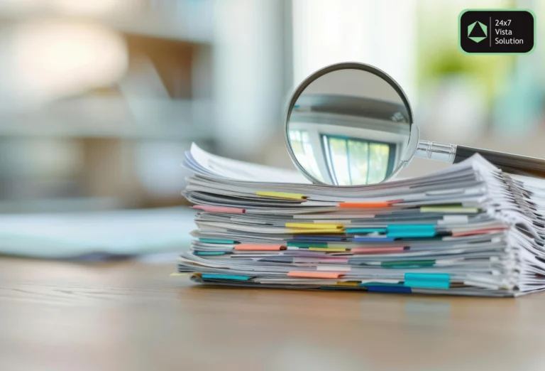 Magnifying glass on a tall stack of organized documents with colorful tabs, suggesting analysis, research, or audit.