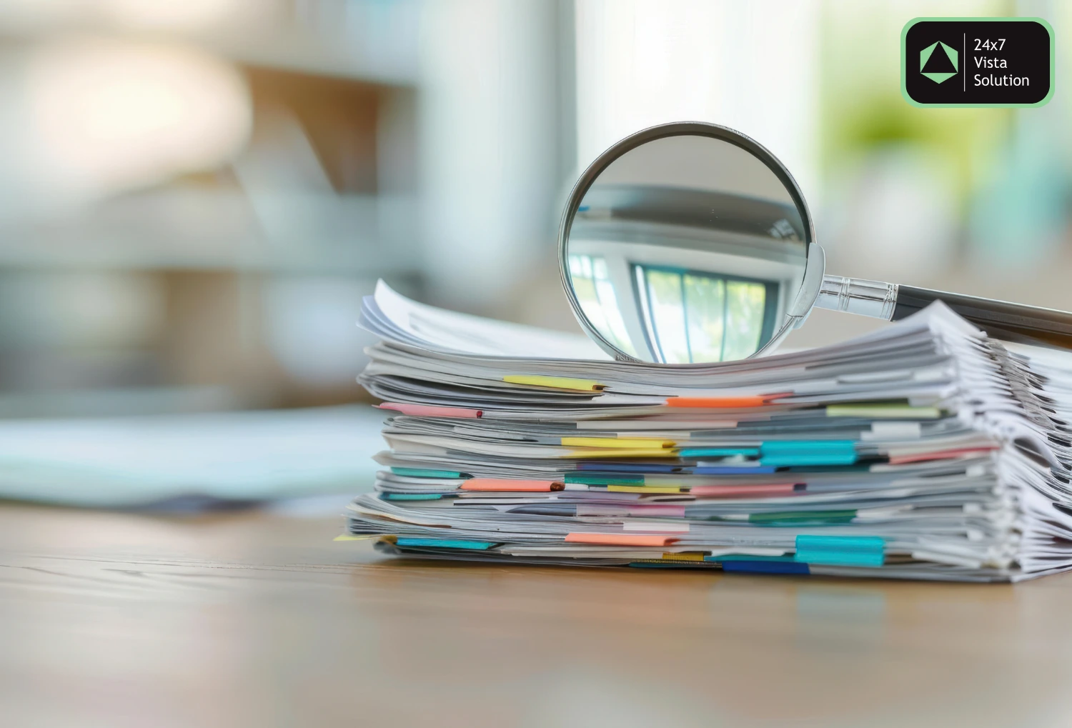 Magnifying glass on a tall stack of organized documents with colorful tabs, suggesting analysis, research, or audit.