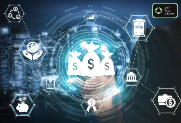 Digital financial management with dollar bags, icons for banking, investments, and secure transactions, powered by 24x7 Vista Solution.